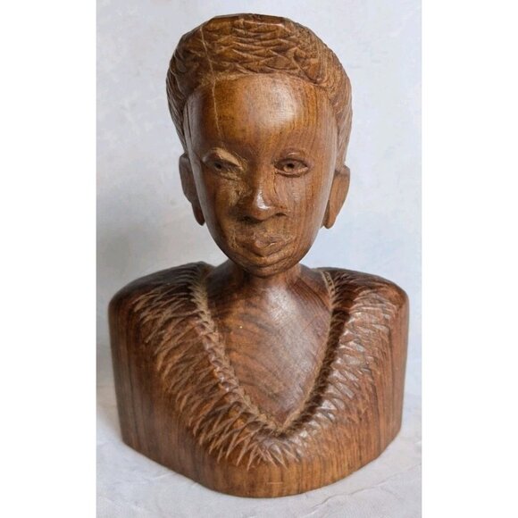 Wooden Handcarved African Statues Head Bust Tribal Man & Woman Pair Folk Art Set - Picture 3 of 16
